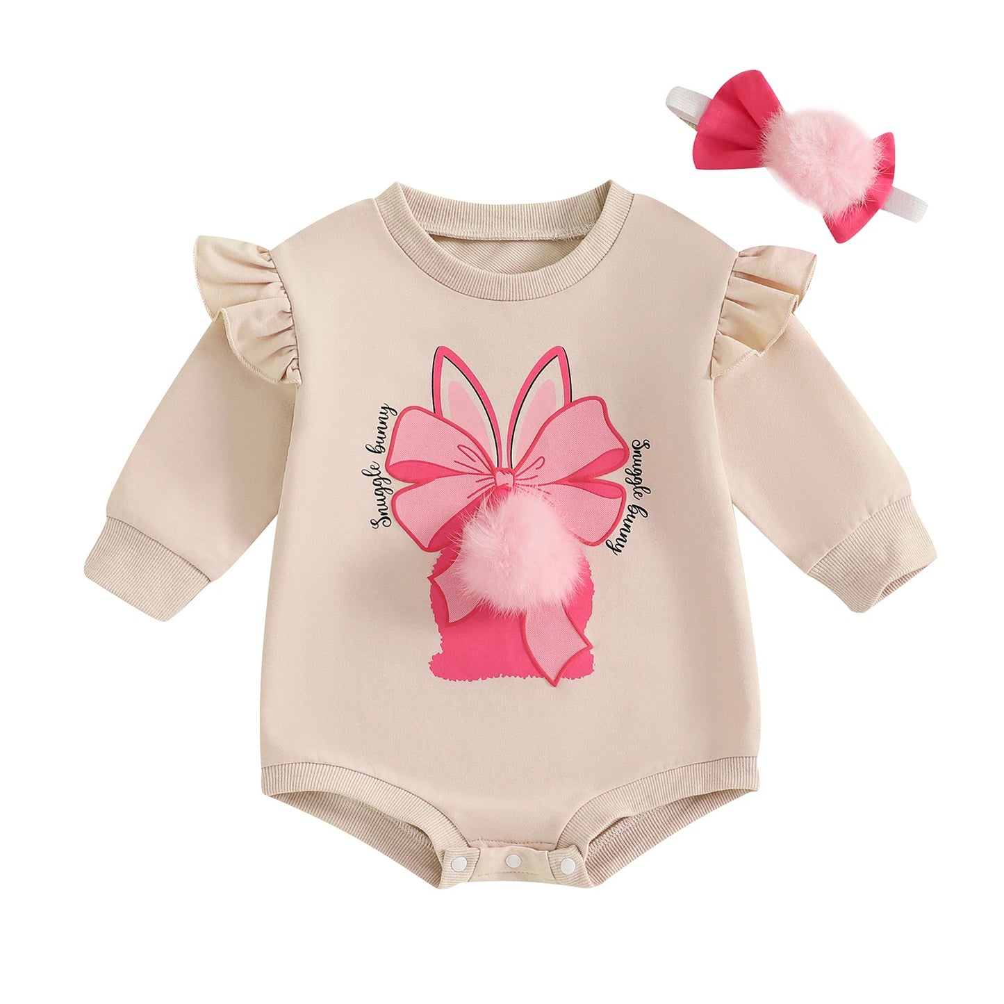 0-24M Baby Girls Easter Spring Romper Long Sleeve Rabbit Bow Print Jumpsuits with Headband