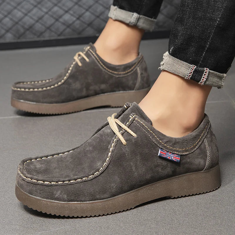 Men's Suede Leather Casual Shoes - Lace-Up Business Dress Sneakers
