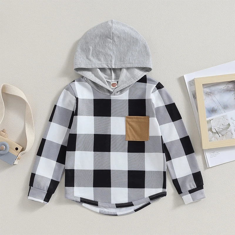 3-7Y Autumn Toddler Kids Boys  Hooded T Shirts Plaid Patchwork Long Sleeve Pullover Tops with Pocket