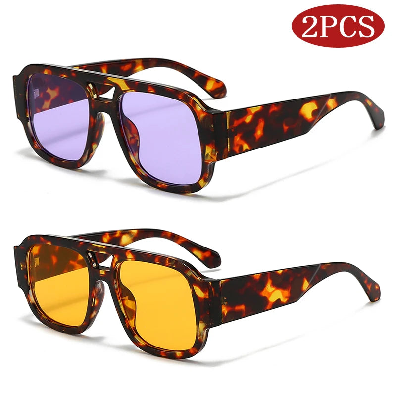 2-Piece Square Sunglasses Set - Large Frame Double Bridge Retro Style