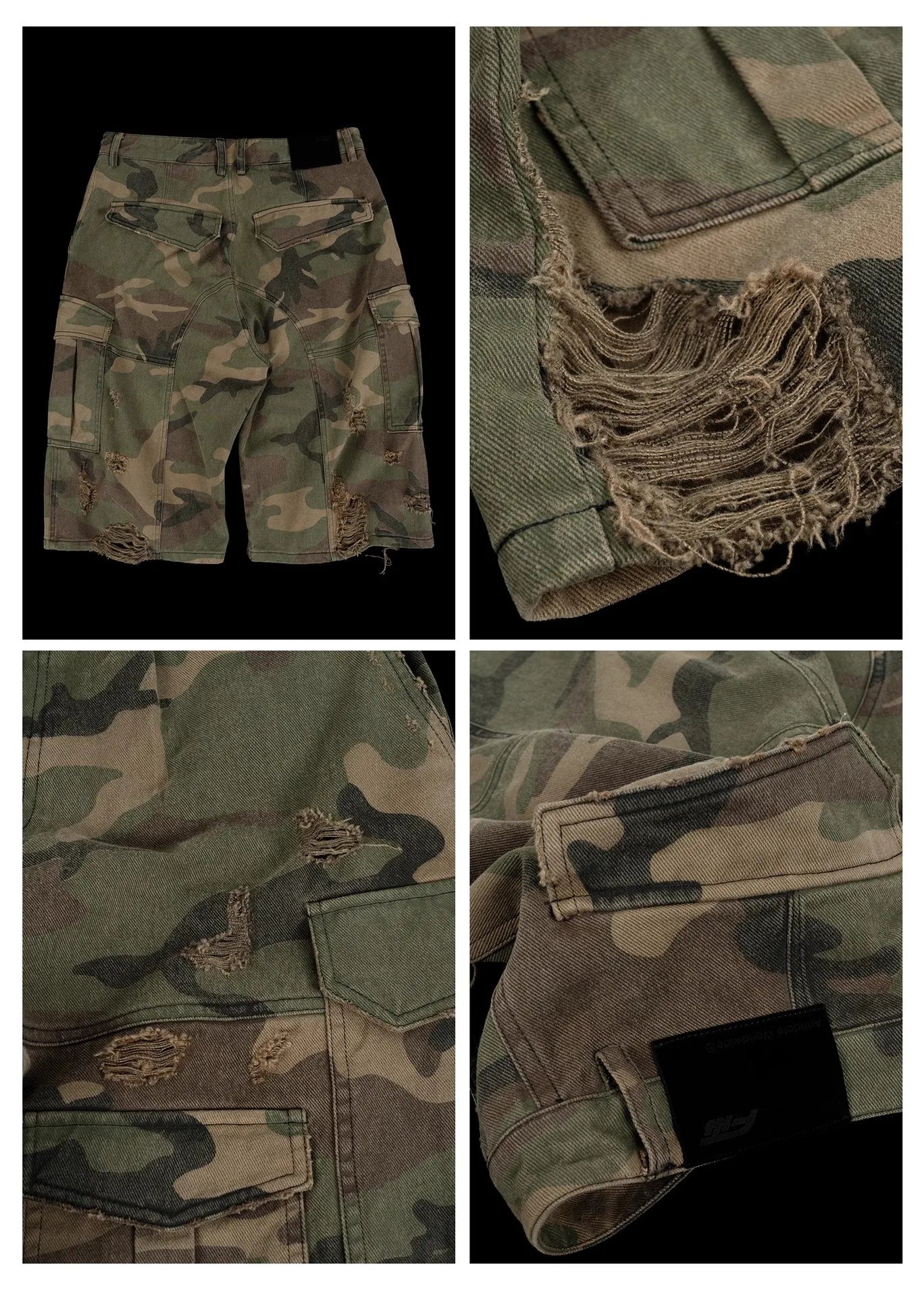 Men's Destroy Camouflage Grinding Washed Cropped Loose Wide-leg Shorts