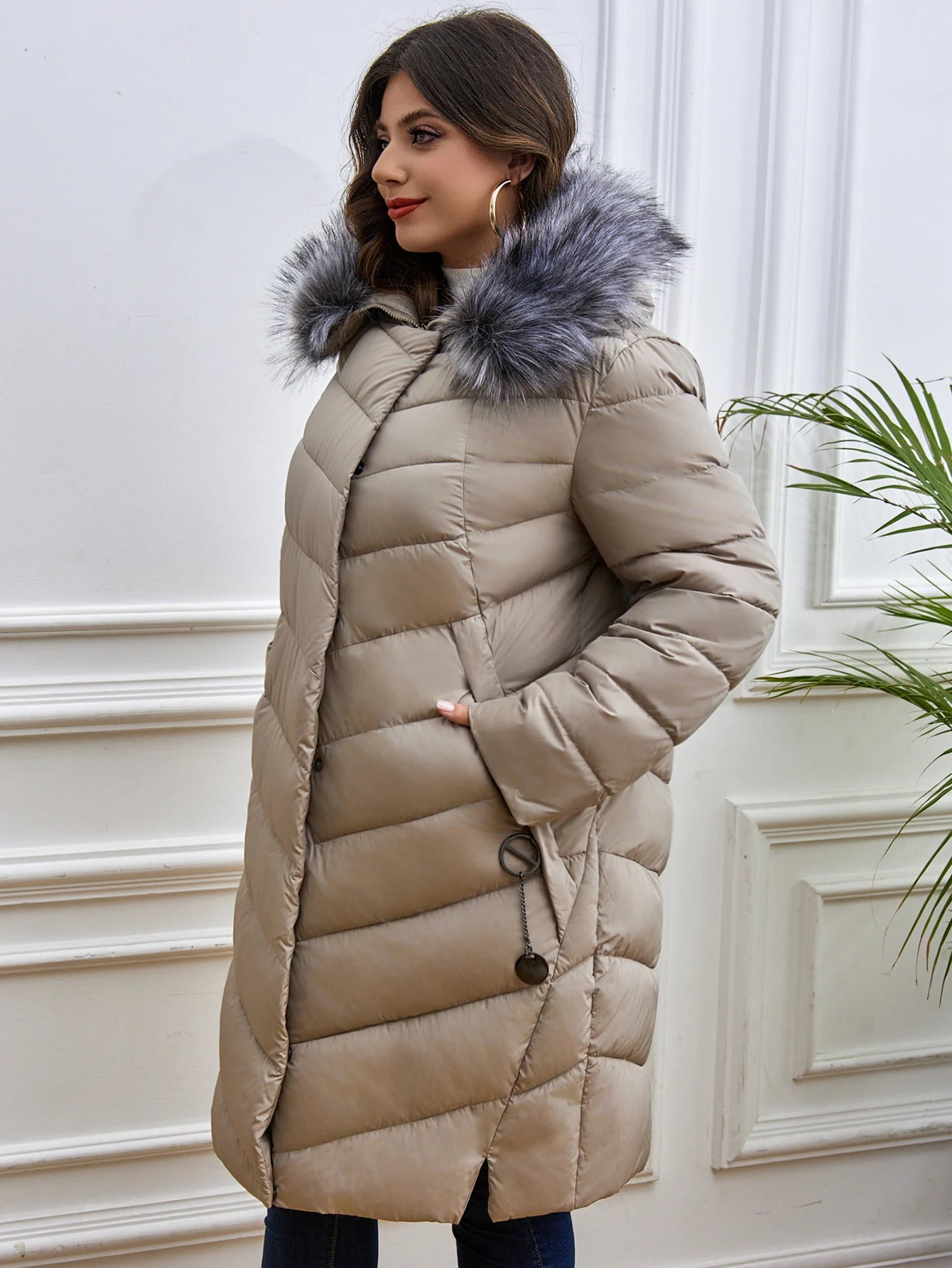 Women's Fur Collar Down Coat - Extra Long Winter Jacket