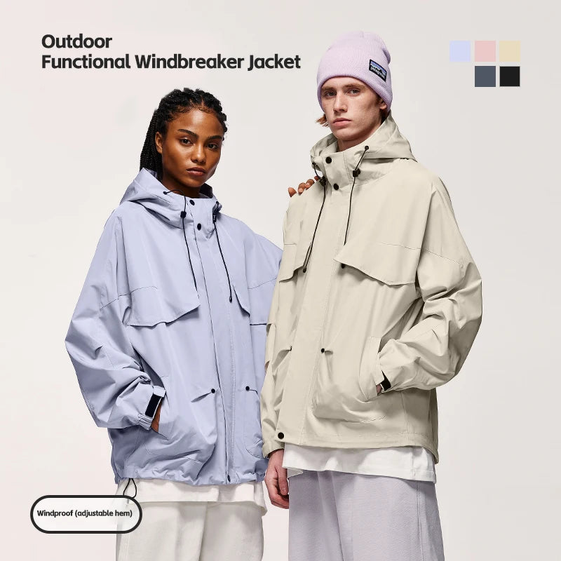 Unisex Mountain Cargo Windbreaker High Collar Zip Up Hooded Jacket