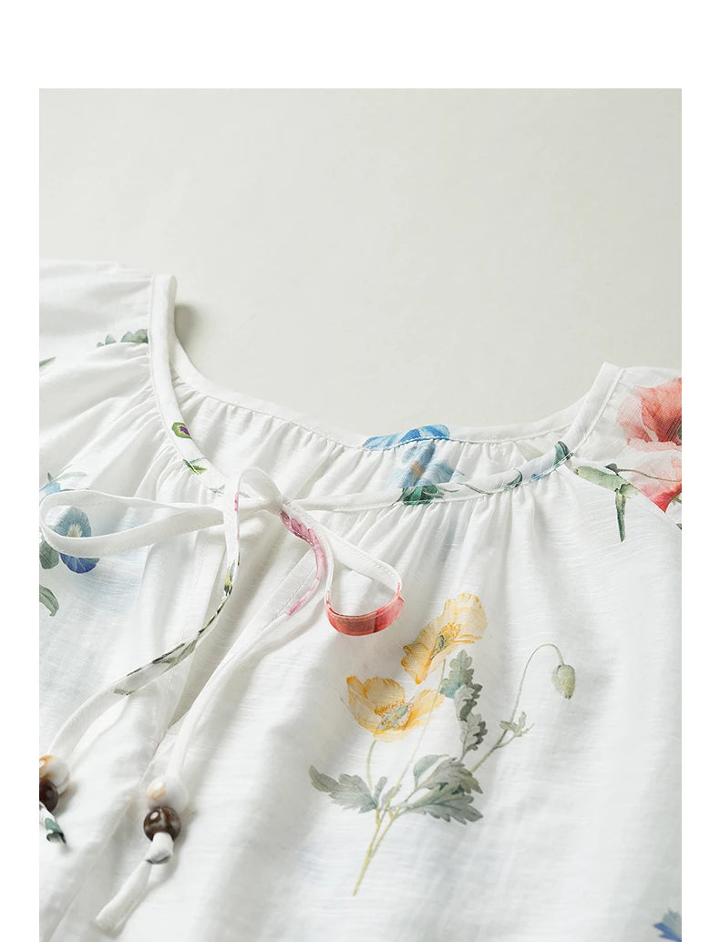 Women's Linen Blend Floral Print Blouse | Lantern Sleeves | O-Neck | Loose Fit | White | Spring Summer