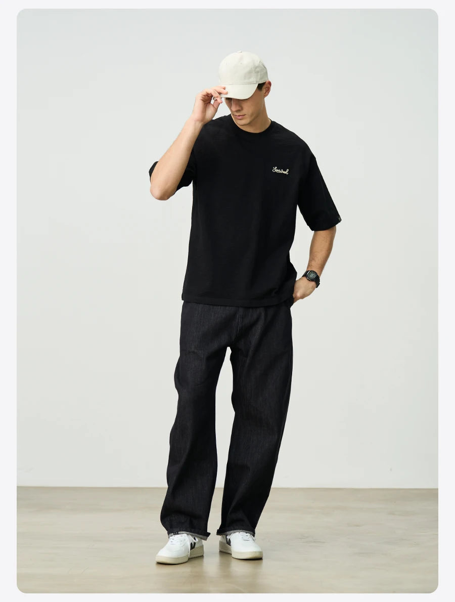 Heavyweight 300gsm Slub Cotton Oversized T-Shirt with Letter Embroidery