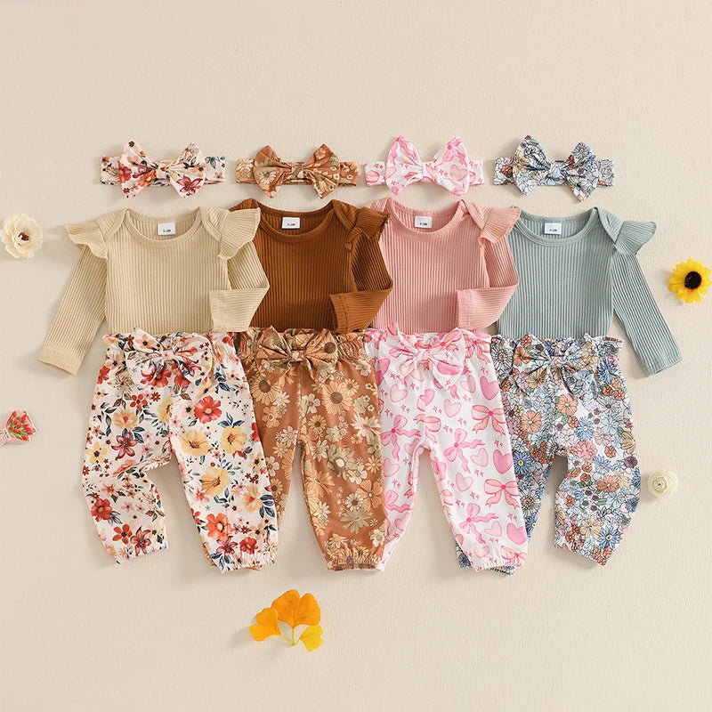 0-18M Baby Girls Fall Clothes Sets 3pcs Long Sleeve Ribbed Romper and Bow Front Pants and Headband