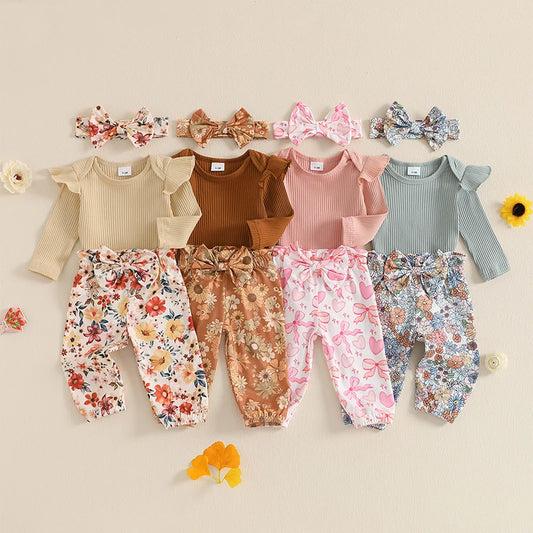 0-18M Baby Girls Fall Clothes Sets 3pcs Long Sleeve Ribbed Romper and Bow Front Pants and Headband
