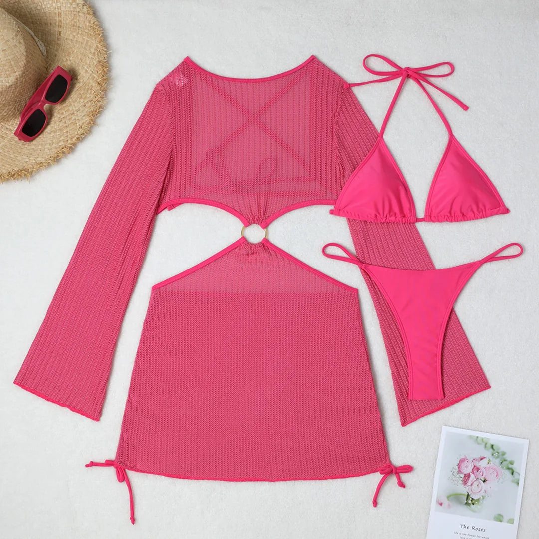 Women's Halter Bikini Set with Long Sleeve Cover-Up | Three-Piece Wire-Free Padded Swimwear