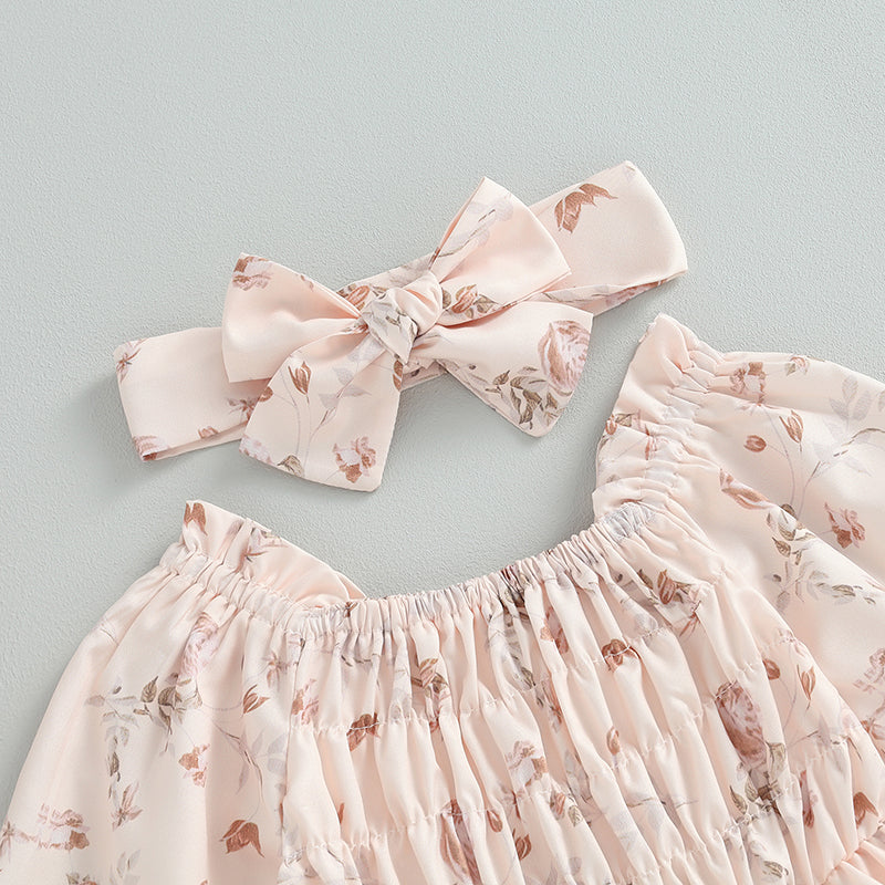 Princess Baby Girl Romper Dress - Ruffles Long Sleeve Floral Print with Headband