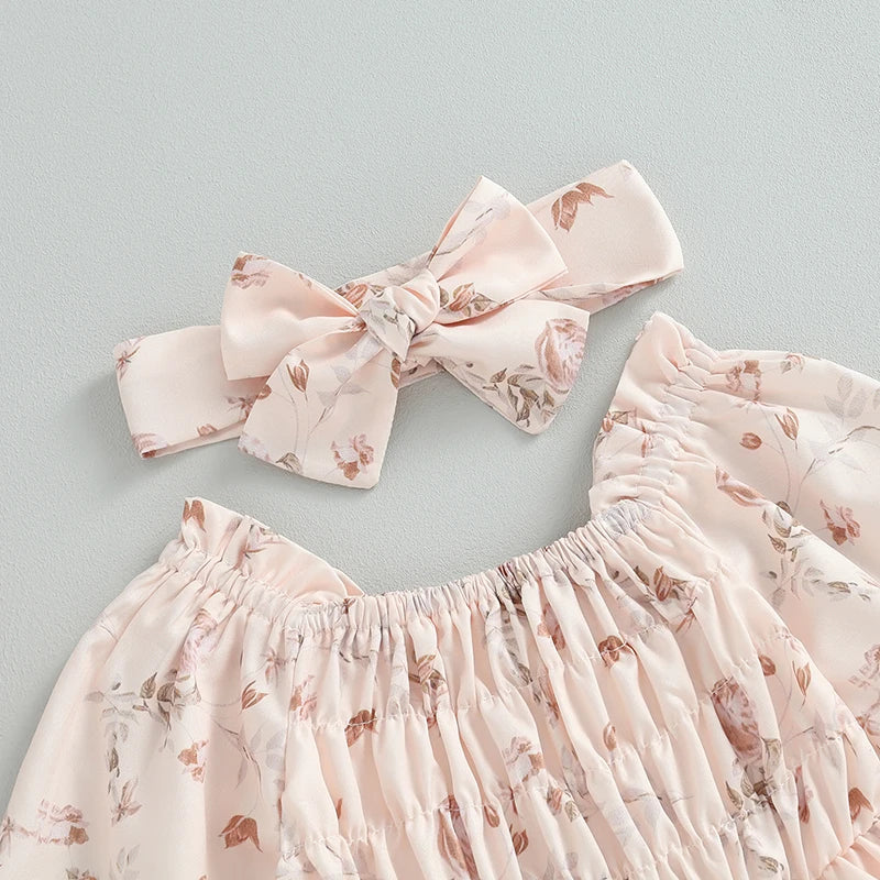 Princess Baby Girl Romper Dress - Ruffles Long Sleeve Floral Print with Headband