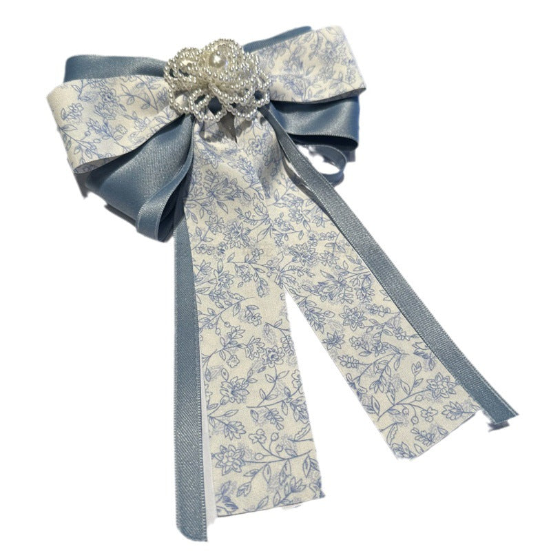 Handmade Fabric Bow Brooch with Pearl Flower Detail