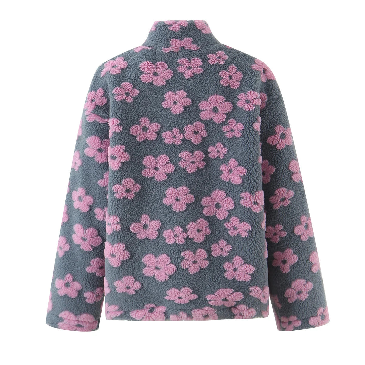 Lambswool Floral Sweatshirt - High Neck Long Sleeve Warm Pullover