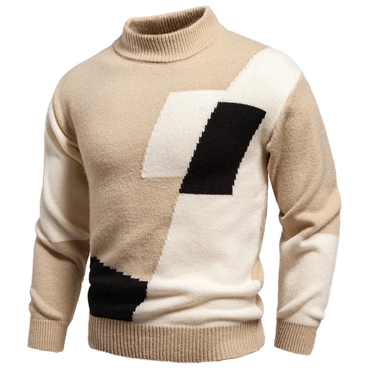 Mock Neck Patchwork Warm Knit Pullover