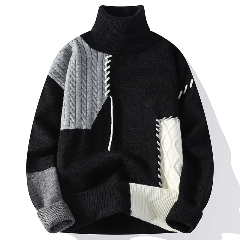 Men's Knit Turtleneck Patchwork Sweater