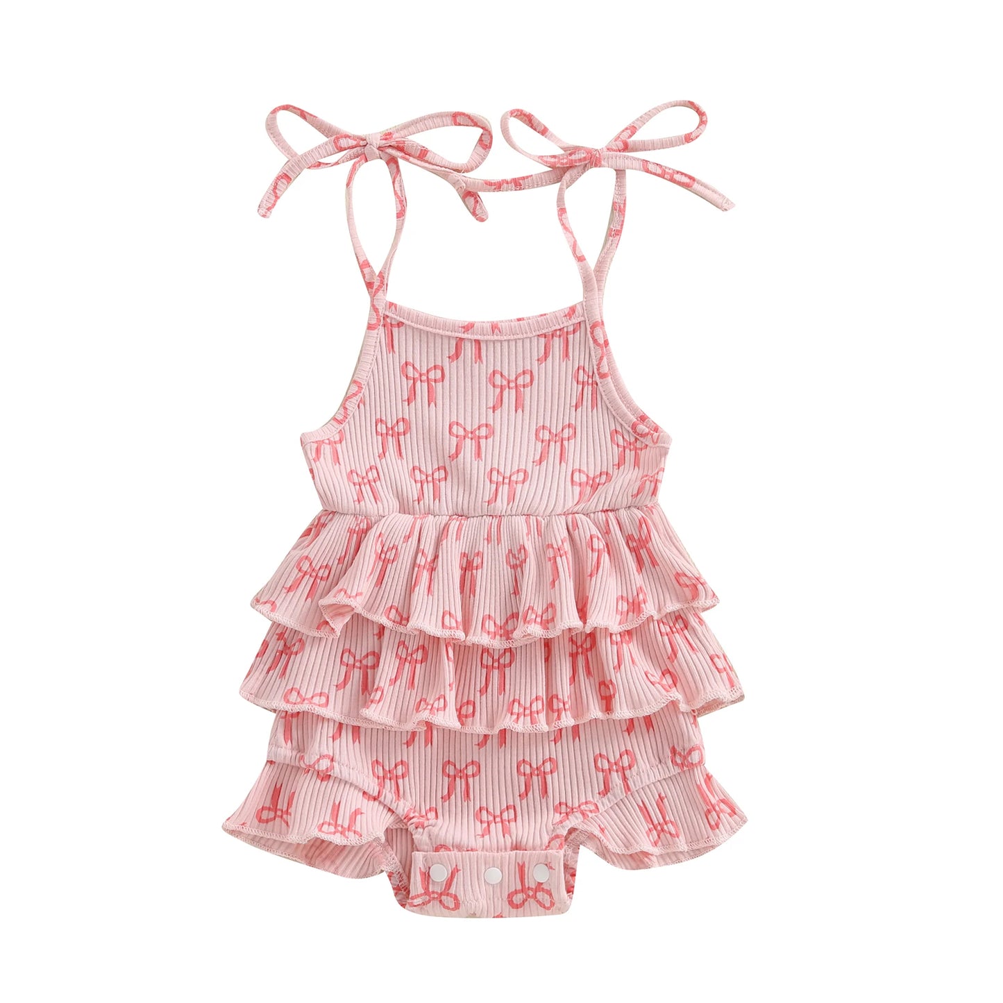 Bow Print Layered Ruffle Spaghetti Strap Baby Romper