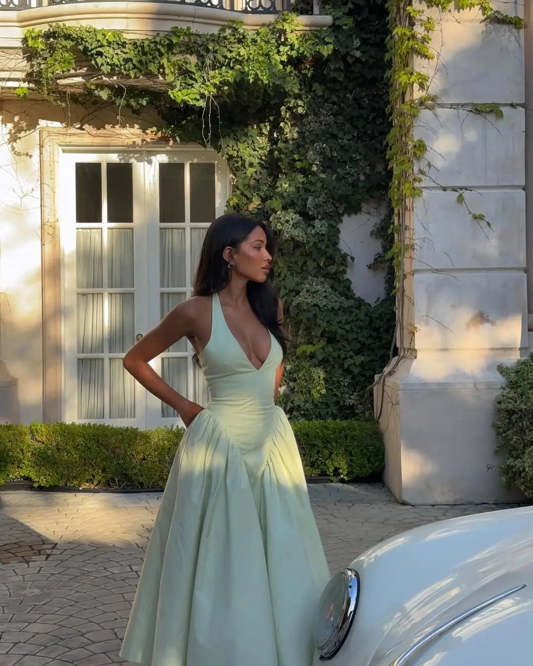 Backless Green Halter Dress - Elegant Low Waist A-Line Midi Dress