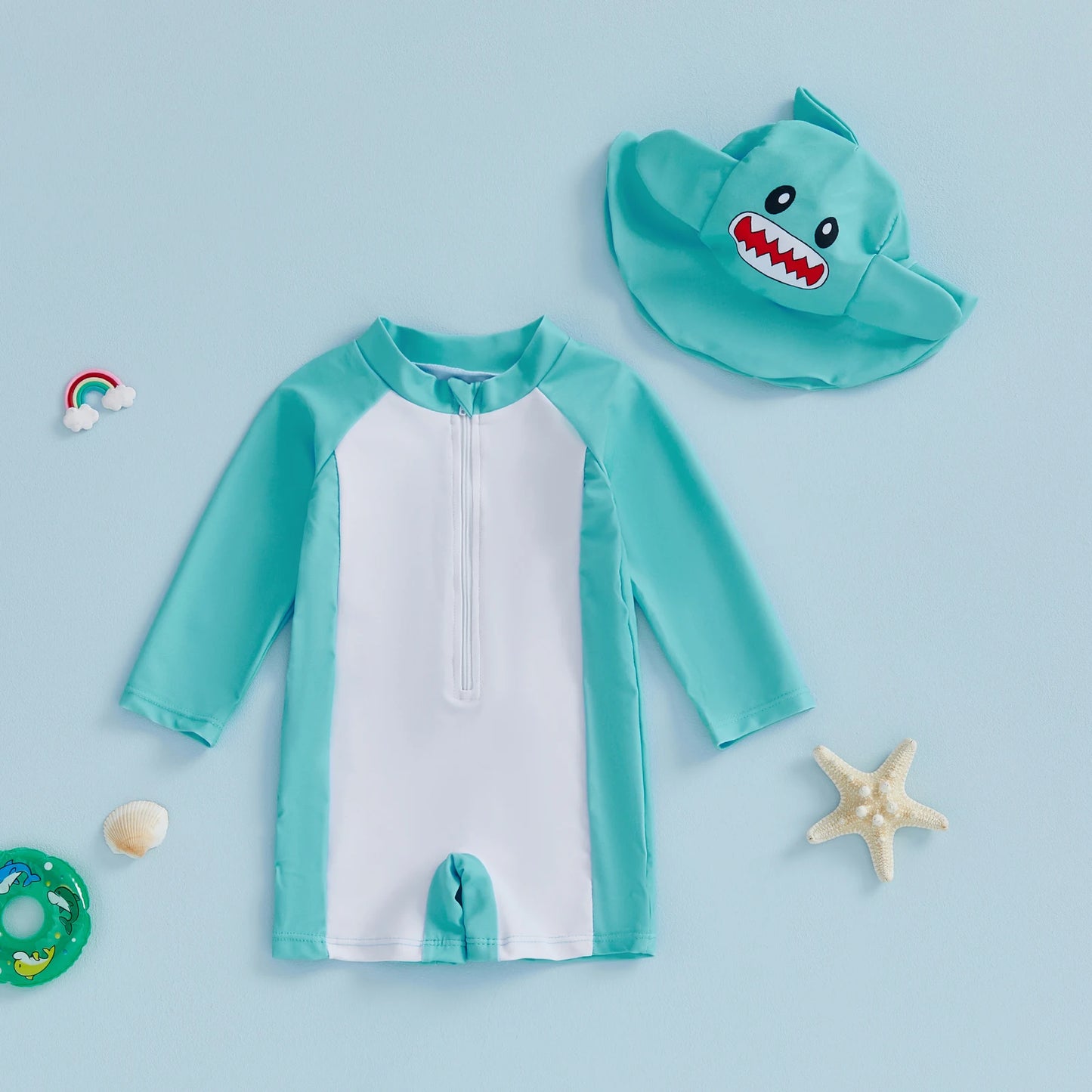 Baby Boys Rash Guard Swimsuit Set - Long Sleeve Zip-Up with Sun Cap