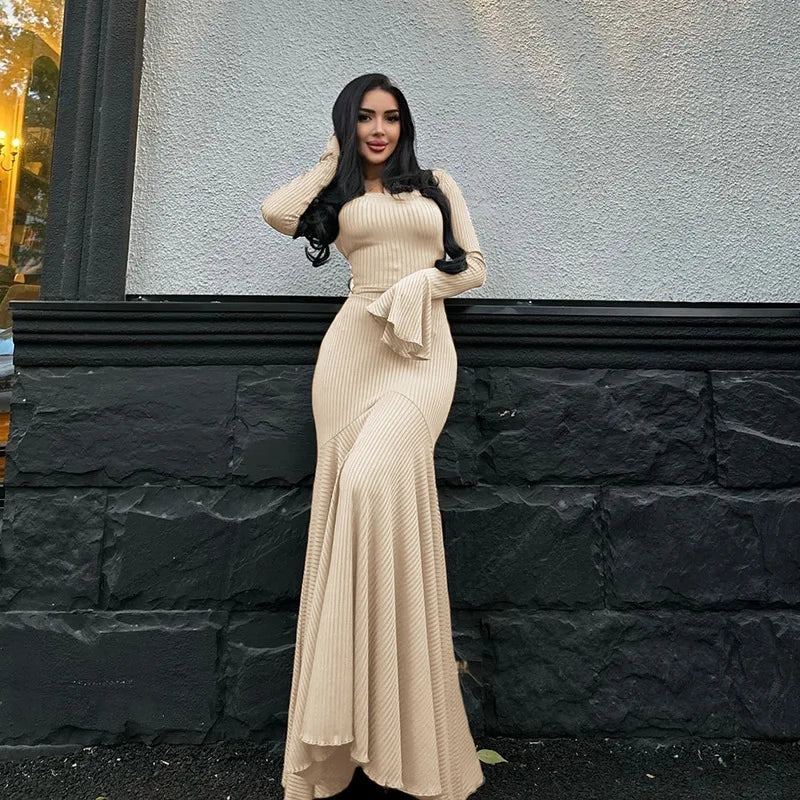 Women's Bandage Long Sleeve Casual Outfits Elegant Frill Ribbed Maxi Dress