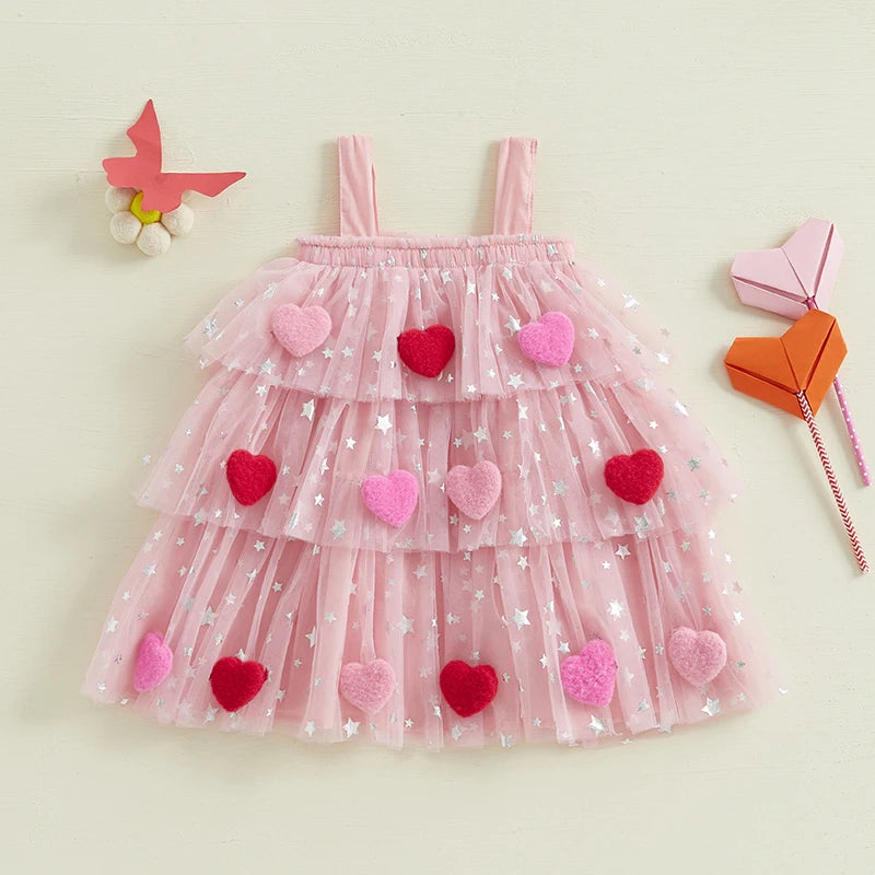 Girl's Festive Dress - Star Lace Layered Tulle Sundress with Plush Ball
