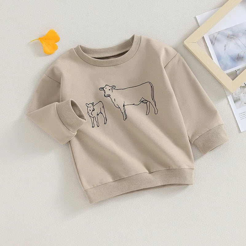 0-4Y Autumn Infant Baby Boys Girls Western T Shirts Cow Cattle Print Long Sleeve Pullover Sweatshirt Top