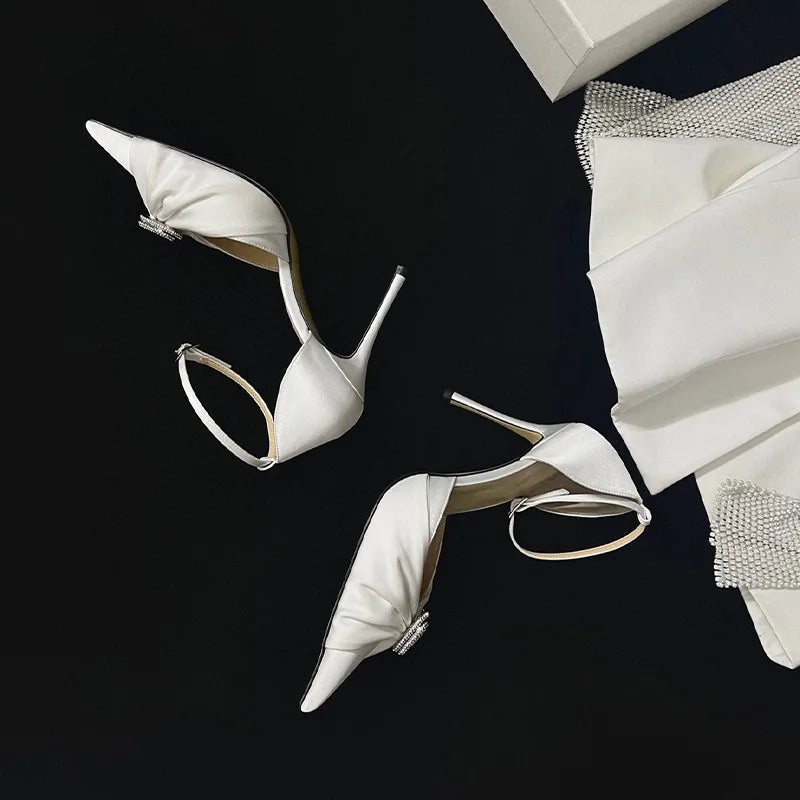 Women's Rhinestone Bowknot Satin Pointed Heel Sandals - Bridesmaid Party Shoes