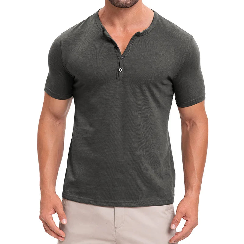 Men's Summer Henry Collar Short Sleeve Casual Pullover T-Shirt