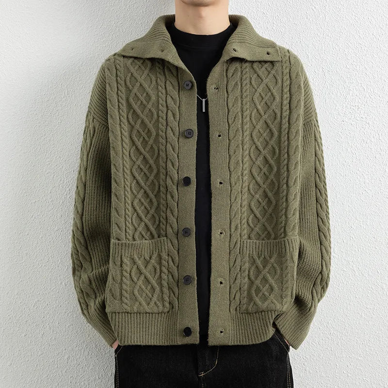 Men's Autumn Turn-Down Collar Cardigan - Single Breasted Knit Sweater Coat