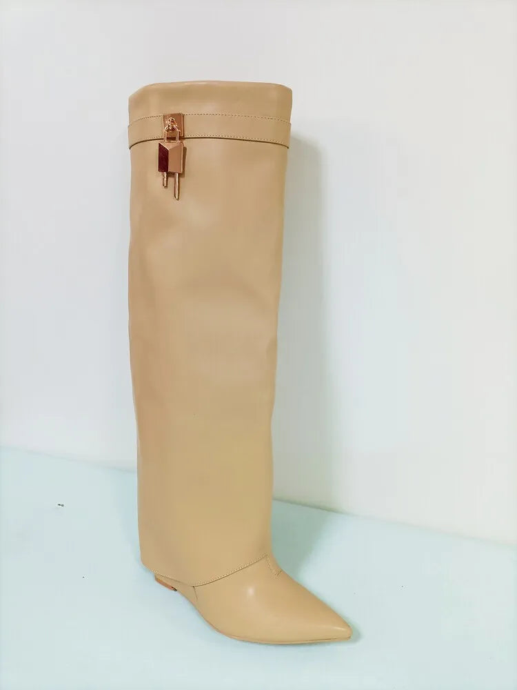 Women's Wedge Leather Mid-Calf Boots - 10cm Heel Metal Buckle Boots