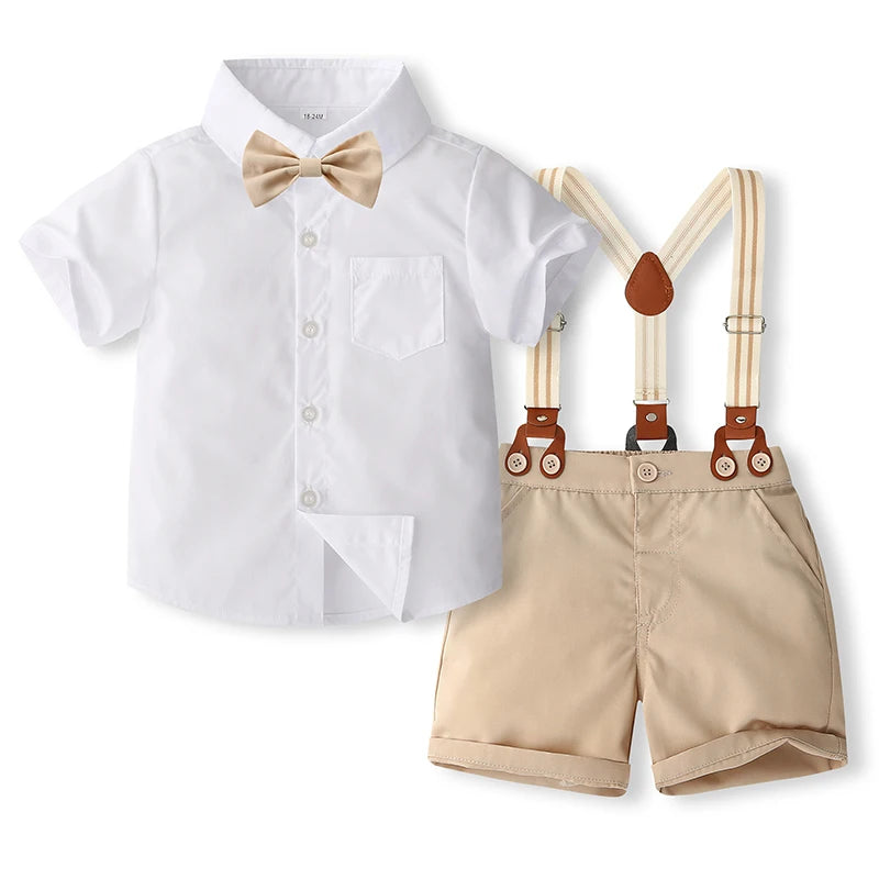 1-5Y Toddler Kids Boys Clothes Set 2pcs Solid Color Short Sleeve Button Shirt with Suspend Shorts Gentleman Outfit