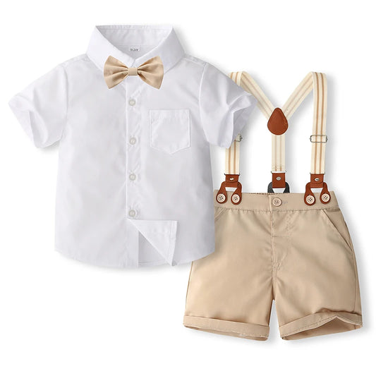 1-5Y Toddler Kids Boys Clothes Set 2pcs Solid Color Short Sleeve Button Shirt with Suspend Shorts Gentleman Outfit