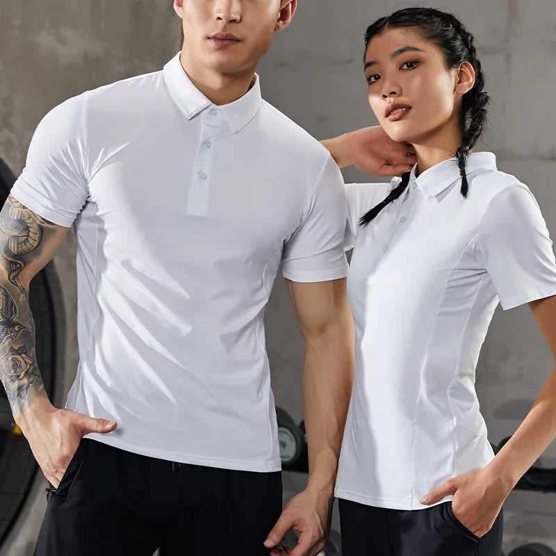 Men's Summer Casual Stretch Gym Muscle Fit Shirt Sports  Quick Dry Ice Silk Short Sleeve Golf Polo Lapel T-Shirt