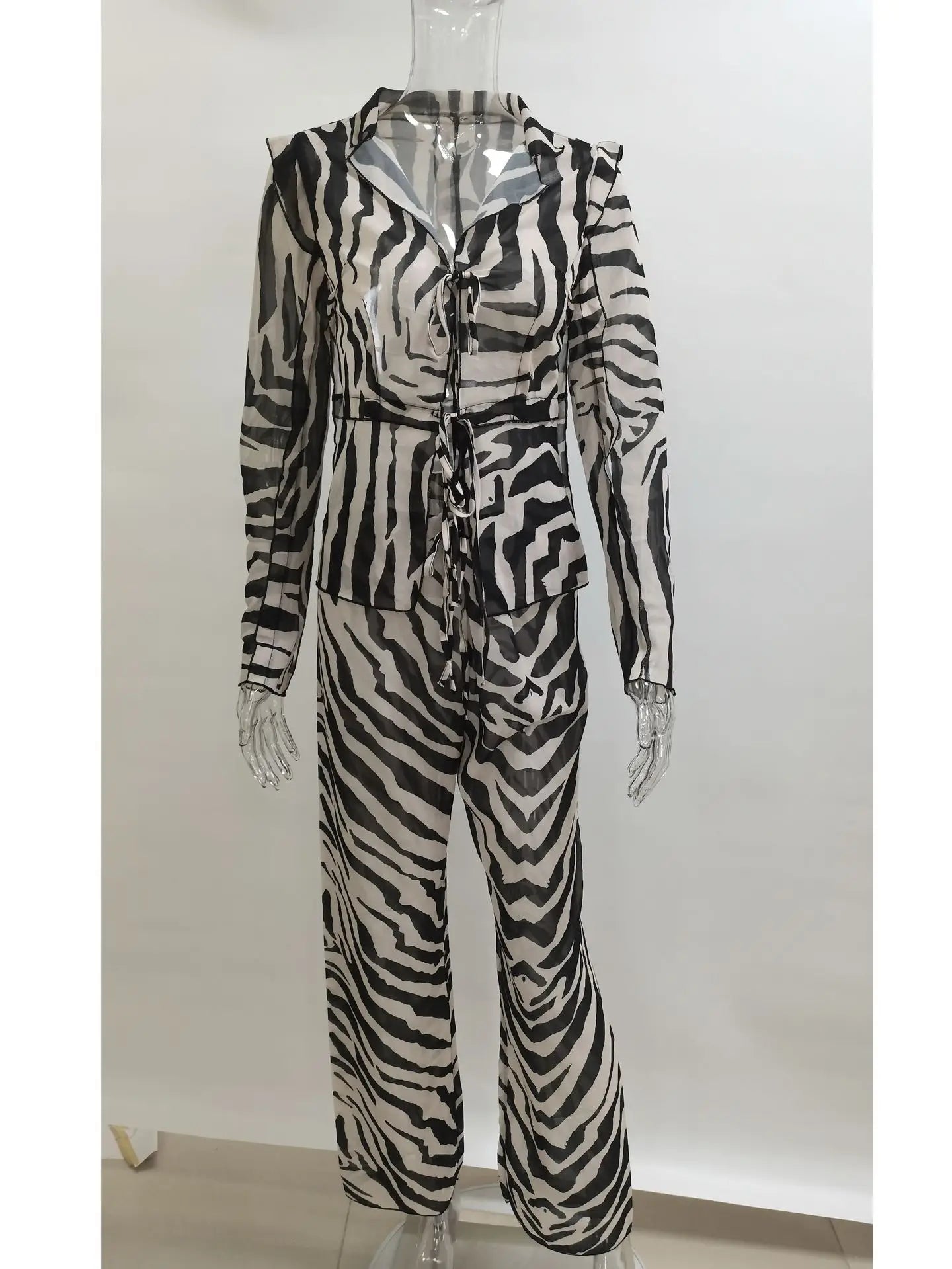 Women's Animal Print Mesh Sheer Stripe Tie Front Detail Top Matching Set