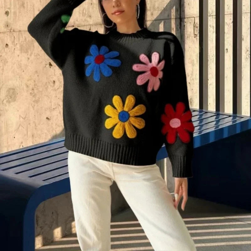 Women's Crochet Flower Pullover Knitted Sweater - Loose Lantern Long Sleeve Embroidery Knit Top