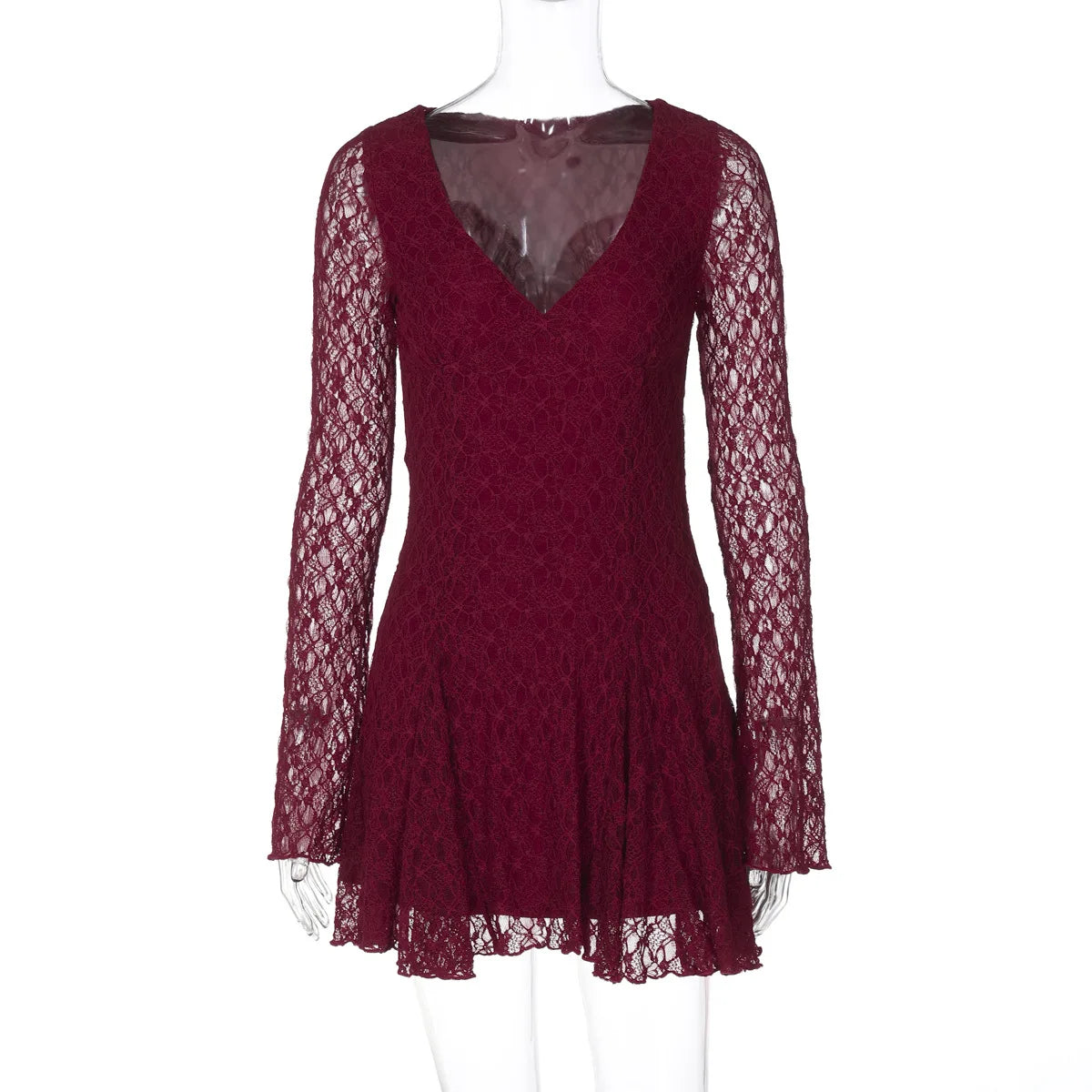 Women's V Neck Lace Hollow Long Sleeve Outfit  Dress