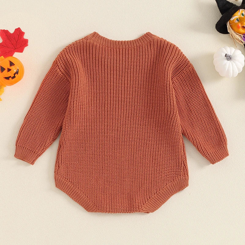 0-18M Baby Girls Boys Halloween Sweater Romper - Long Sleeve Letter Pumpkin Embroidery Jumpsuit