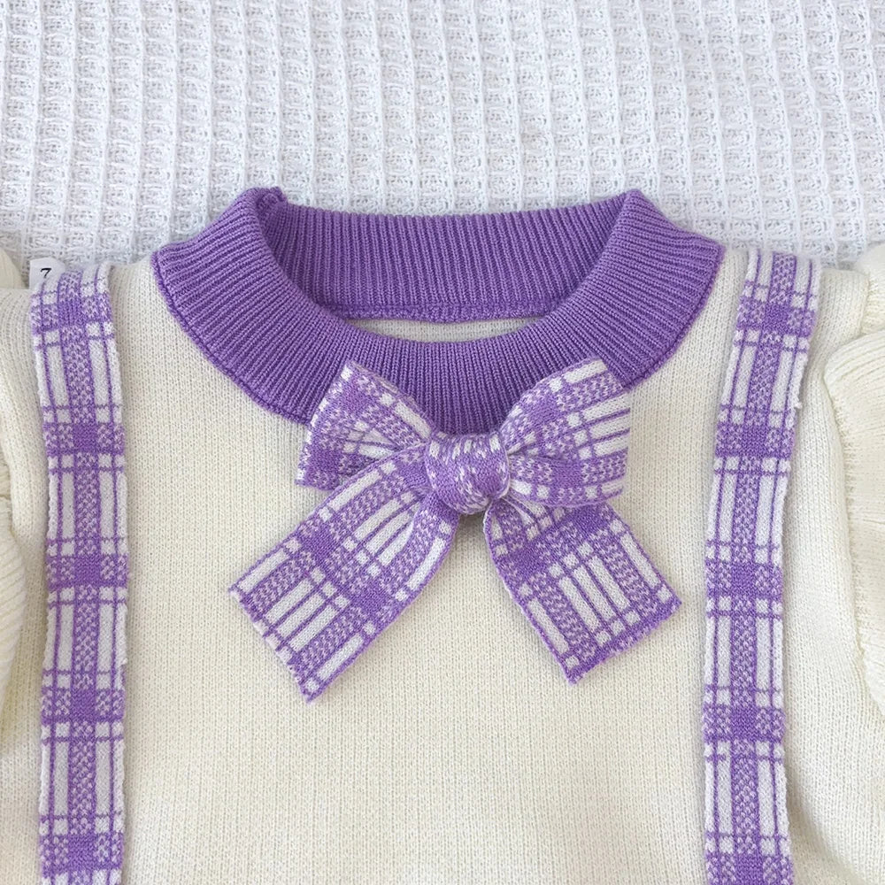 Girl's Long Sleeved Round Neck  with Checkered Bow Patchwork Dress