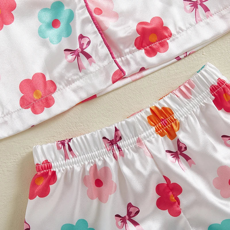 0-4Y Summer  Kids Girls Summer Pyjamas Clothes Sets 2pcs Flower Bow Print Single Breasted Shirts and Shorts