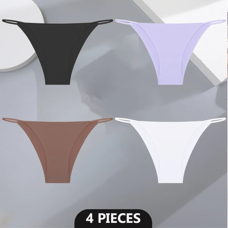 Women's 4Pcs/set Seamless Underwear Ice Silk Briefs Panties Thin Strap Lingerie