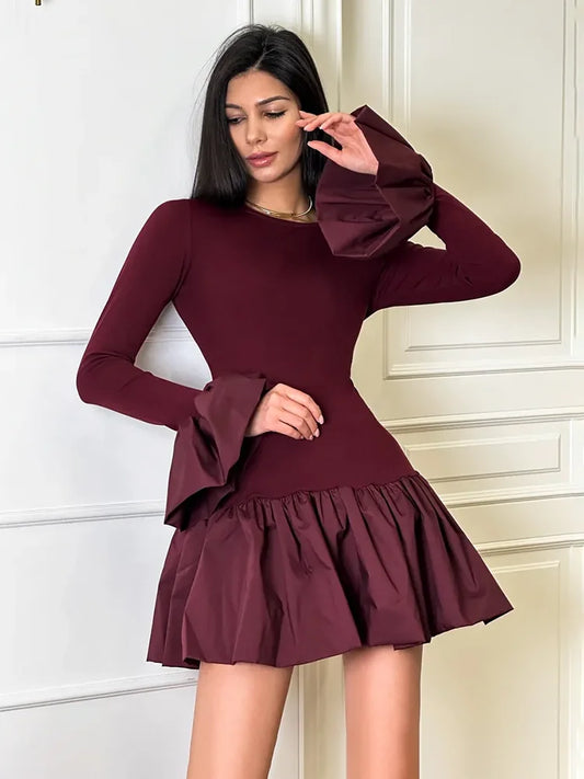 Women's  Flare Sleeve Mini Splice Folds A-Line Sweet Bodycon Dress