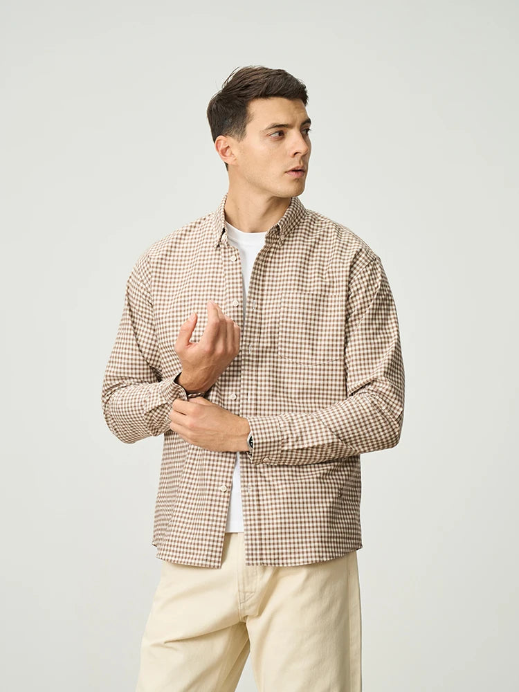 Men's Spring Oversize 170gsm Liquid Ammonia Finish 100% Cotton Fabric Checked Plaid Casual Shirt