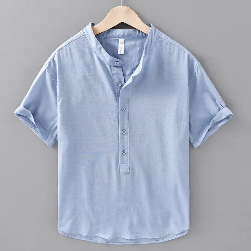 Men's Summer Cotton Linen Casual Lightweight Breathable Short Sleeve Loose Stand Collar Shirt