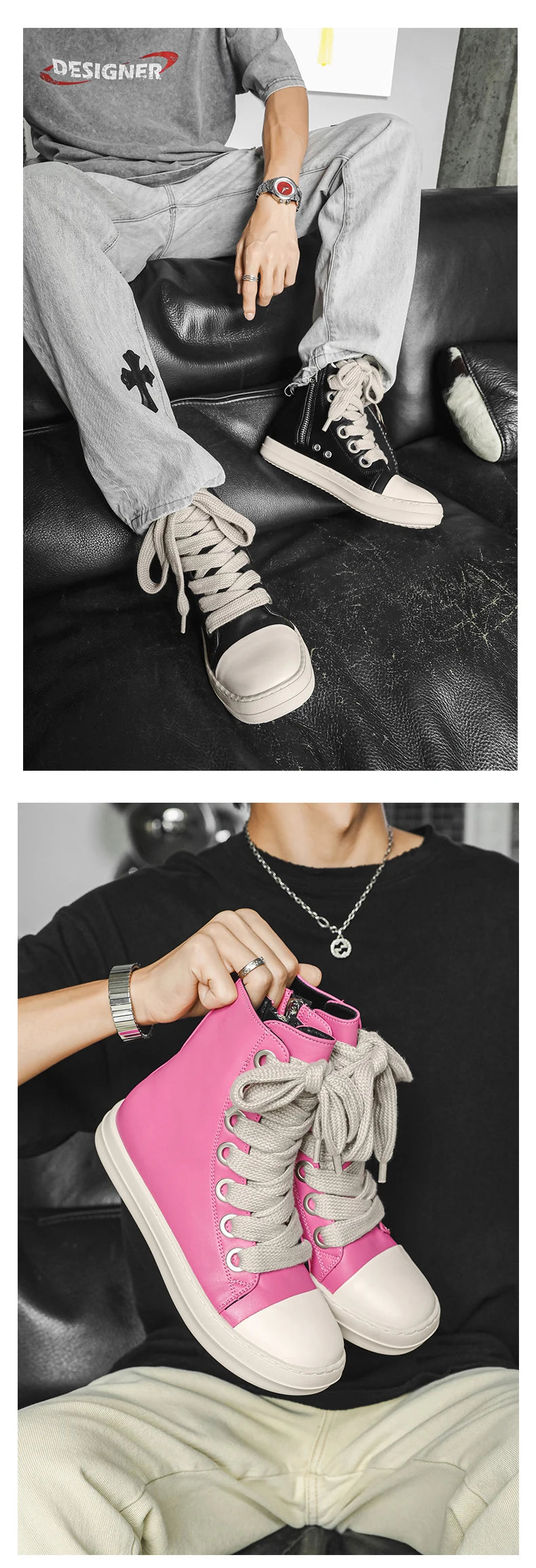 Men's High-Top Leather Sneakers - Lace-Up Zipper Ankle Boots