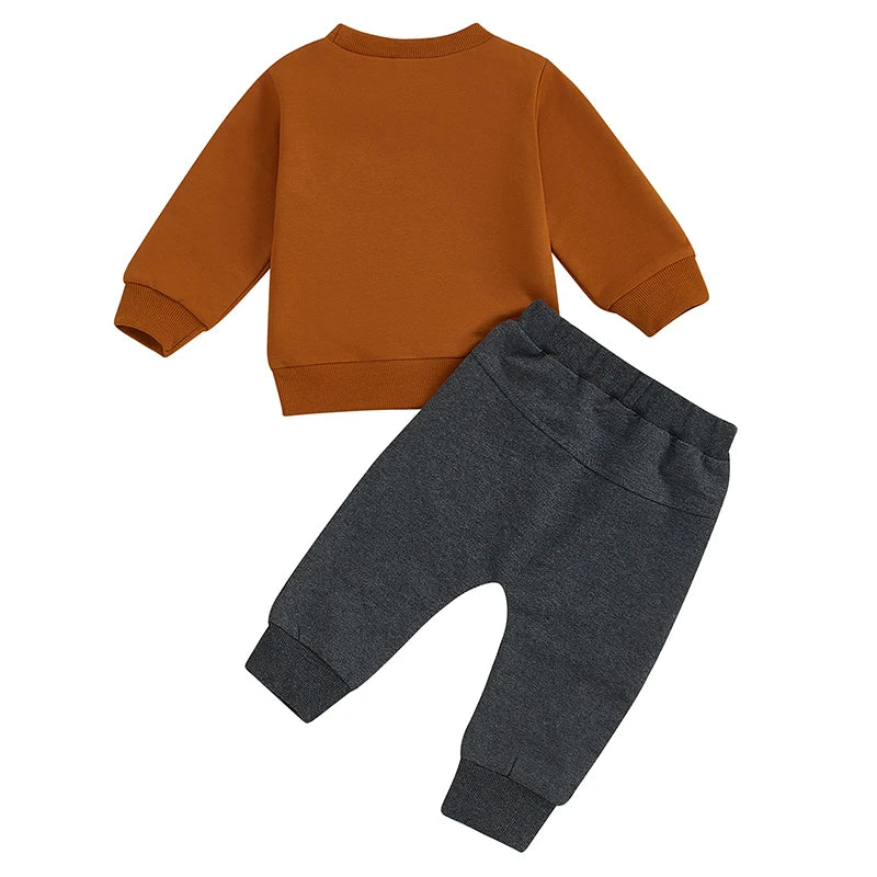 0-3Y Baby Boys Halloween Clothes Set - Pumpkin Letter Print Long Sleeve Sweatshirt Pocket Long Pants