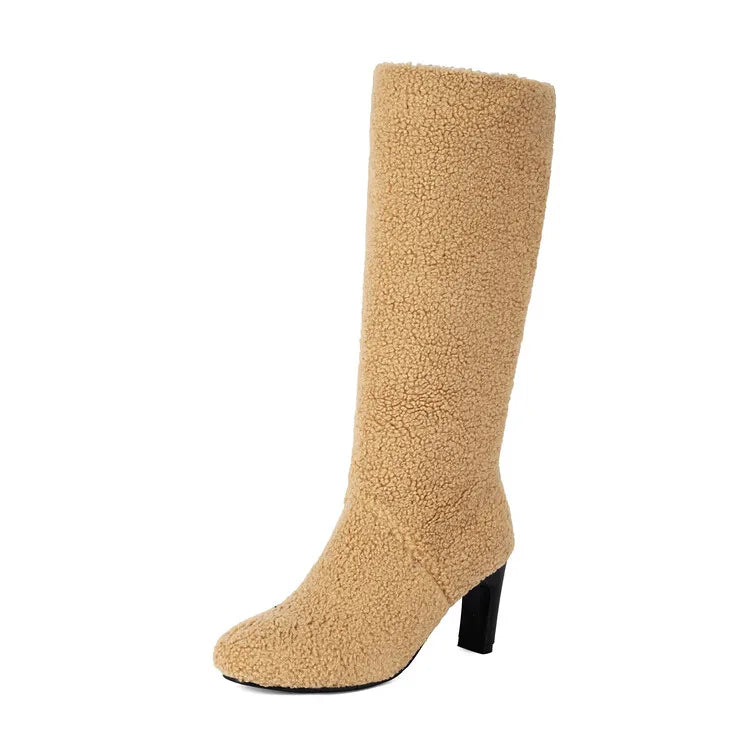 Faux Fur Lined Knee High Boots - 7cm Square Heel Winter Boots
