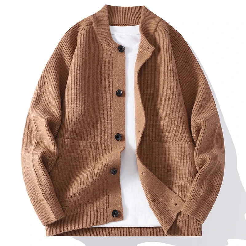 Men's Autumn Winter O-Neck Cardigan - Solid Colour Knit Sweater Coat