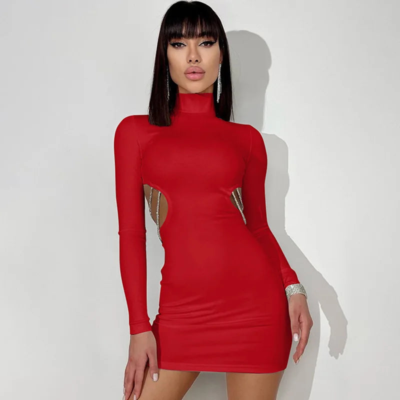 Women's Chain Backless Cut Out Bodycon Dress - Elegant Long Sleeve Mini Dress