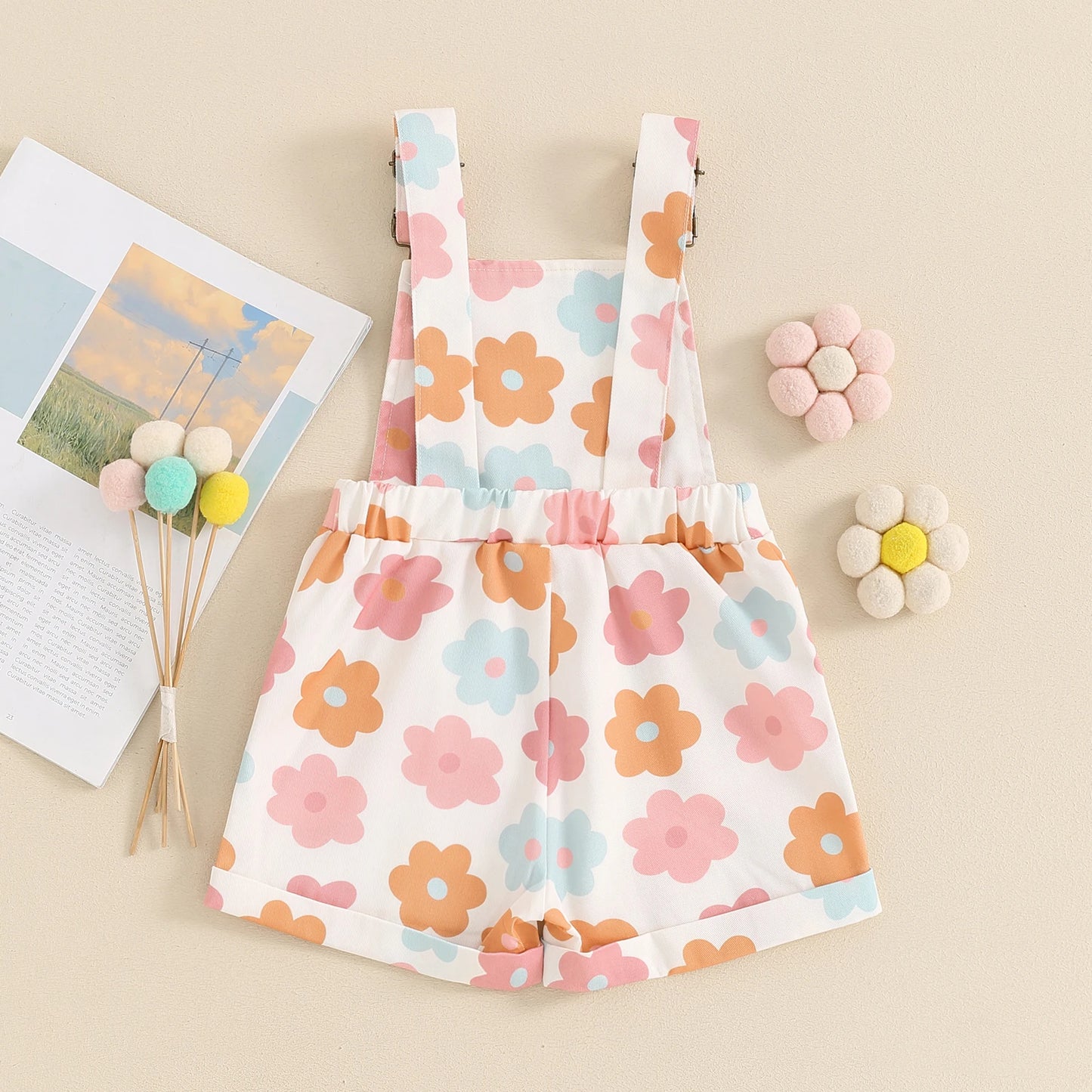 Kids Girls Overalls Shorts 0-6Y Sleeveless Straps Strawberry/Flower Print Denim Button Pocket Jumpsuit