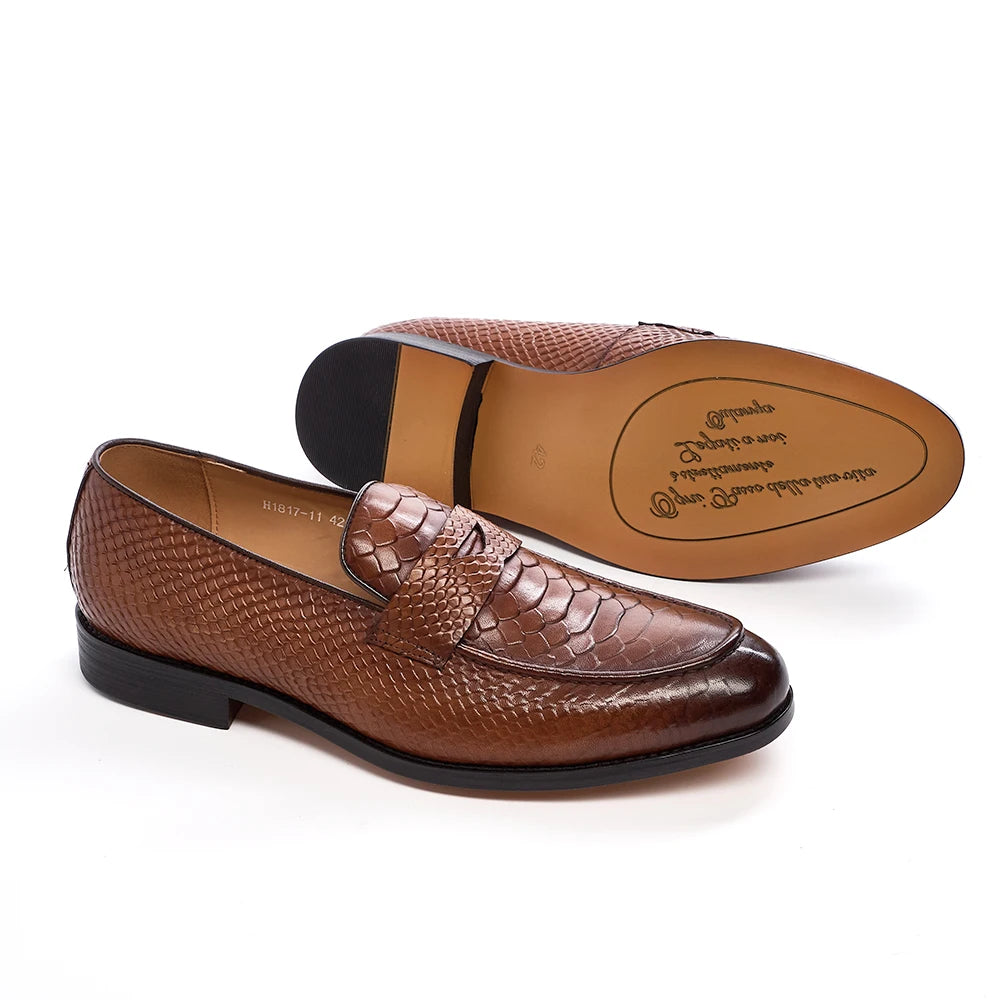 Men's Genuine Leather Snake Pattern Loafers – Pointed Slip-On Dress Shoes