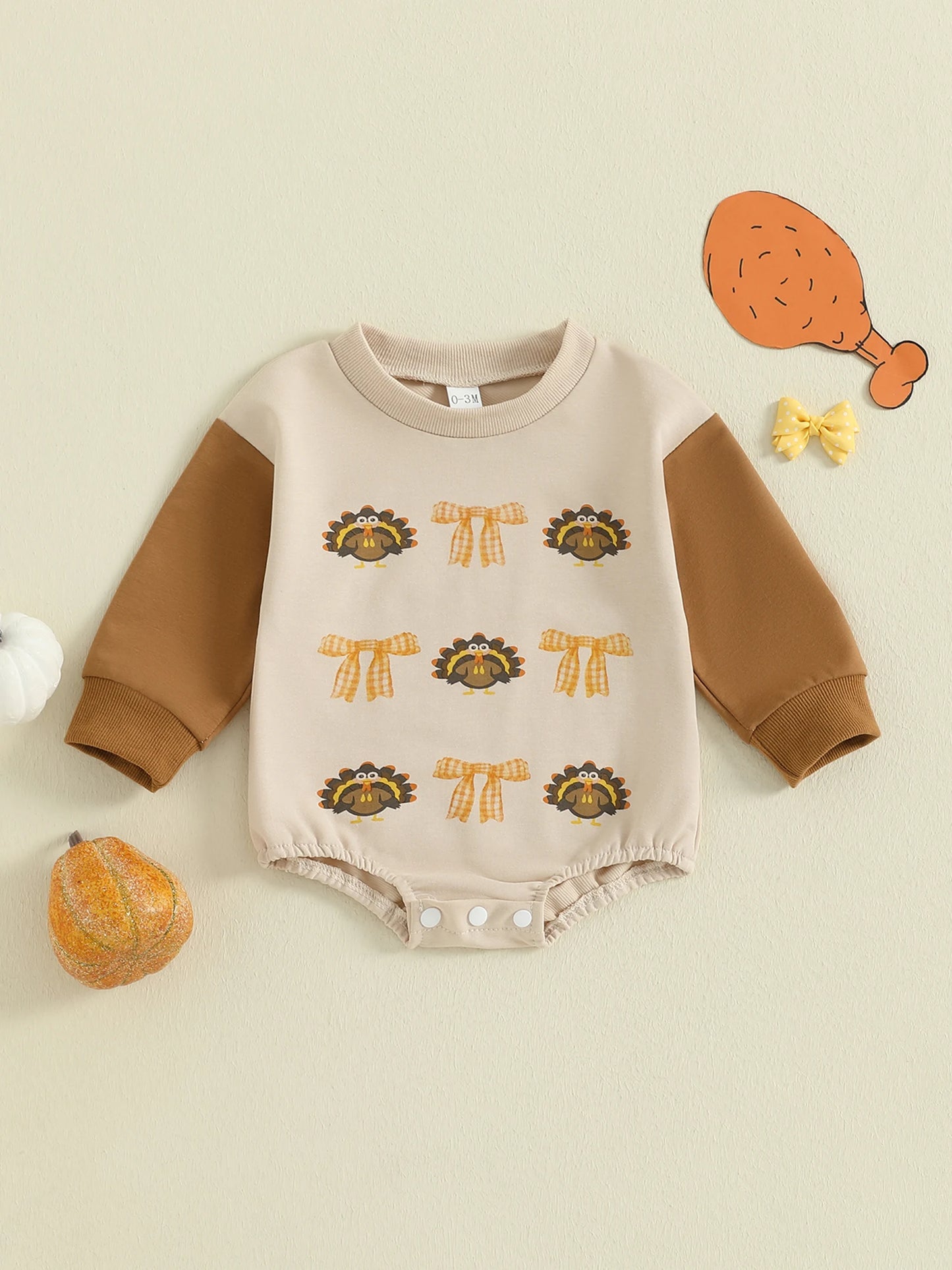 Baby Thanksgiving Romper - Bow Turkey Print Long Sleeve Bodysuit
