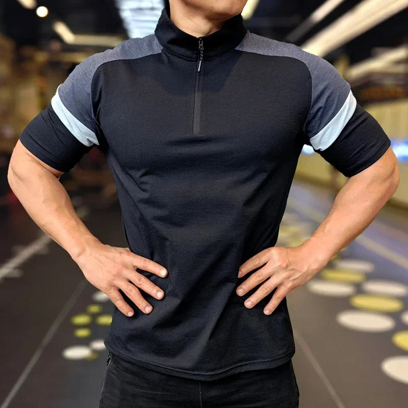 Men's Fitness Running Half Zip Training High Elasticity Muscle T-Shirt